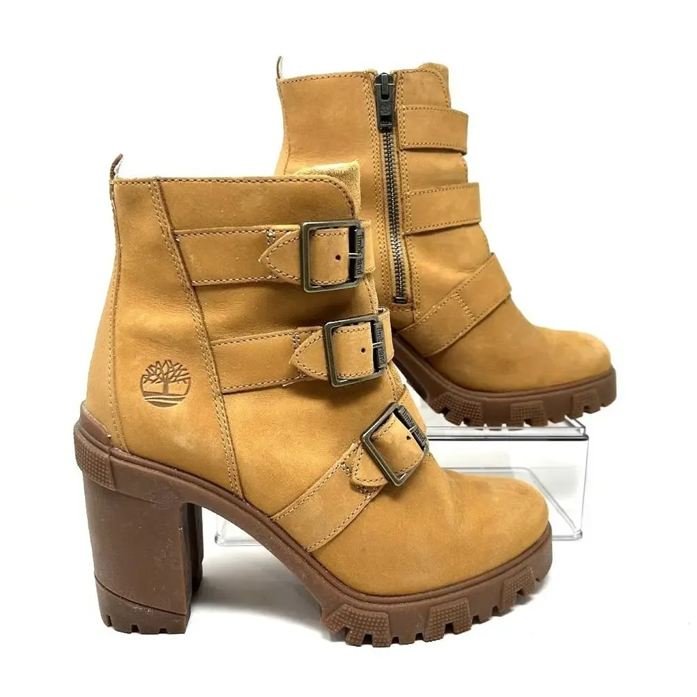 Timberland Sutherlin Bay Triple Buckle Boots Wheat Leather Heel Women’s Size 9 - Picture 3 of 9